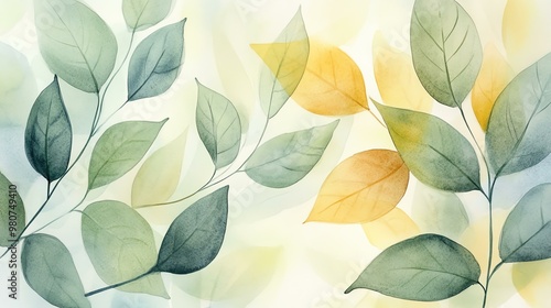 Wallpaper Mural A beautiful watercolor illustration featuring delicate green and yellow leaves, perfect for nature-themed designs and backgrounds. Torontodigital.ca