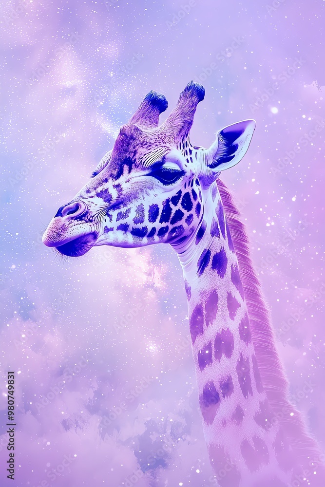 Obraz premium A purple giraffe with a galaxy background.