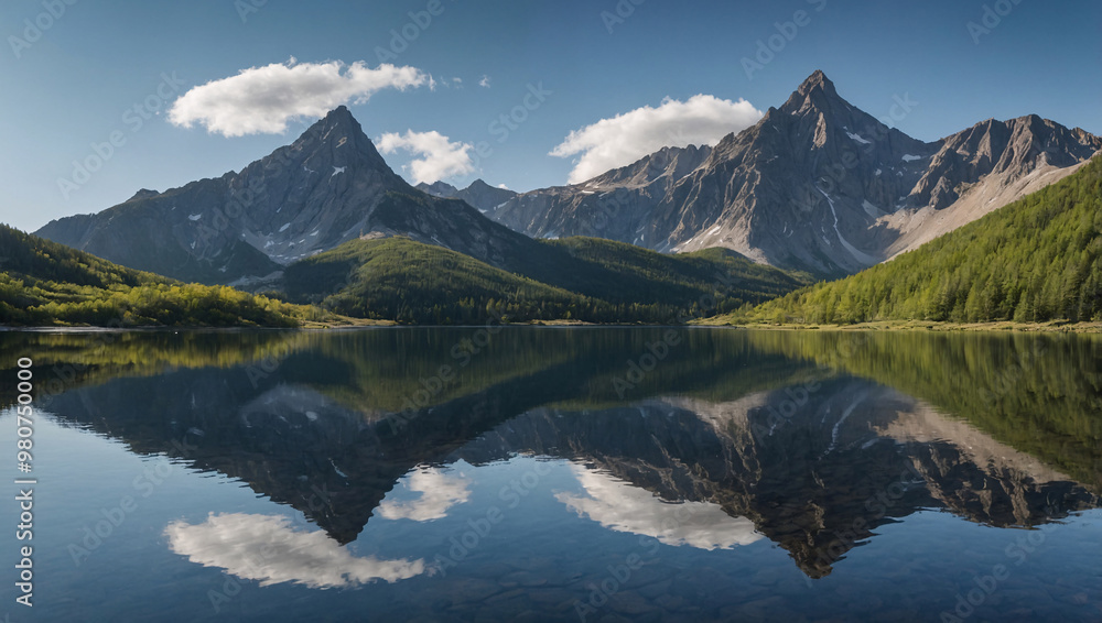 serene mountain lake with a mirror reflection of the surrounding peaks and sky serene mountain lake with a mirror reflection of the surrounding peaks and sky