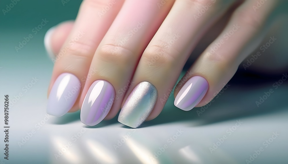 Pastel gradient nails from light pink to lavender. Complete with delicate silver foil. Pastel gradient nails from light pink to lavender. Complete with delicate silver foil.