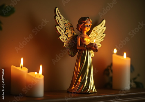 A golden angel holding a candle, standing on a mantel with warm natural lighting. Focus on the angelas detailed features. No people photo