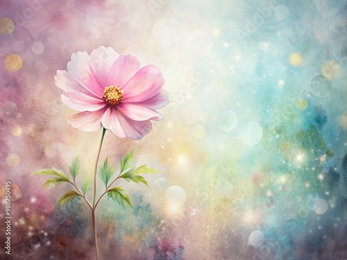 Delicate pink flower blooms on a whimsical watercolor background, featuring soft brushstrokes and dreamy textures, perfect for banners, postcards, and book illustrations.