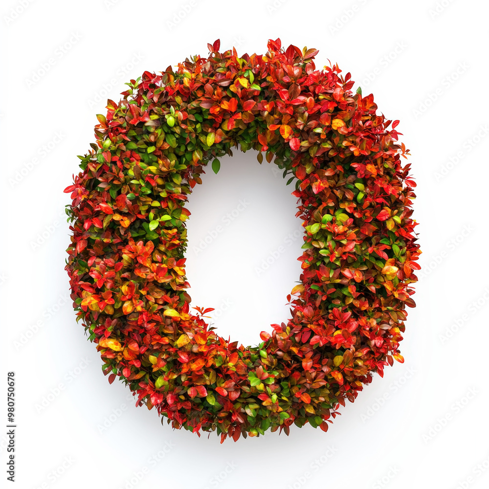 Alphabet letter O made of fall leaves, flowers. berries. Vibrant autumn colours. White clean background. Generative AI