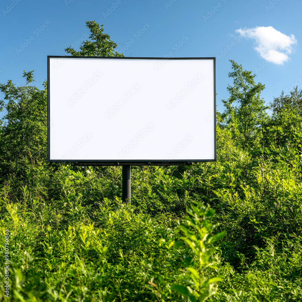 A large white billboard is in a forest. The billboard is empty and has no writing on it. The forest is lush and green, with trees and bushes surrounding the billboard A large white billboard is in a forest. The billboard is empty and has no writing on it. The forest is lush and green, with trees and bushes surrounding the billboard