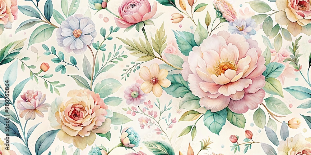 Delicate, dreamy watercolor flowers in soft pastel hues bloom on a creamy white background, creating a whimsical and romantic seamless pattern for design and decor use. Delicate, dreamy watercolor flowers in soft pastel hues bloom on a creamy white background, creating a whimsical and romantic seamless pattern for design and decor use.