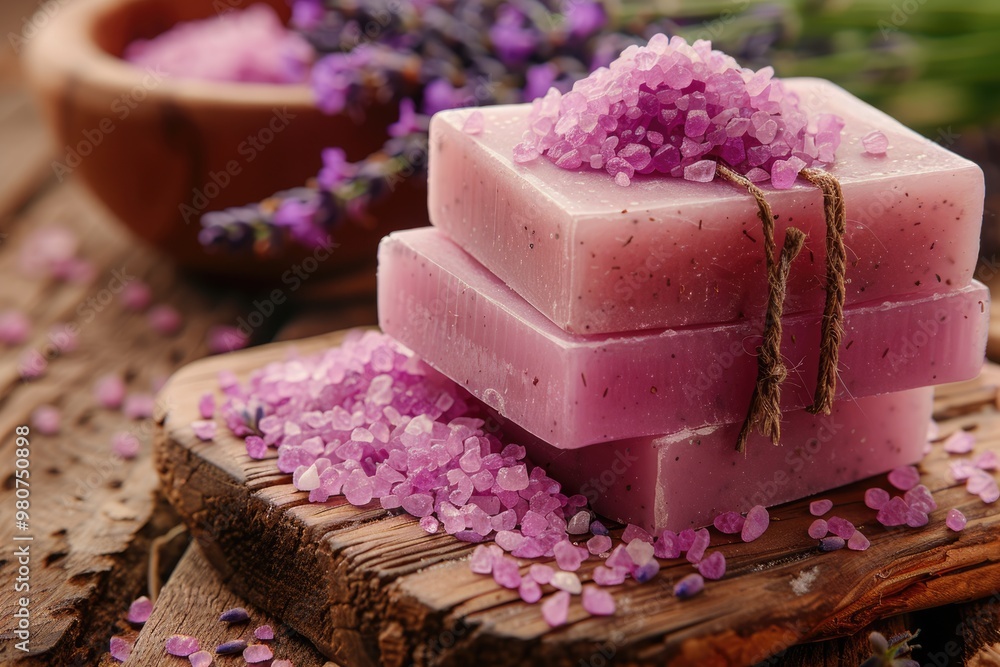 Natural soap lavender salt on a wooden board hygiene items for bath and spa. Natural soap lavender salt on a wooden board hygiene items for bath and spa.