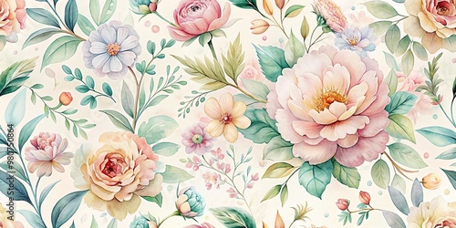 Delicate, dreamy watercolor flowers in soft pastel hues bloom on a creamy white background, creating a whimsical and romantic seamless pattern for design and decor use.