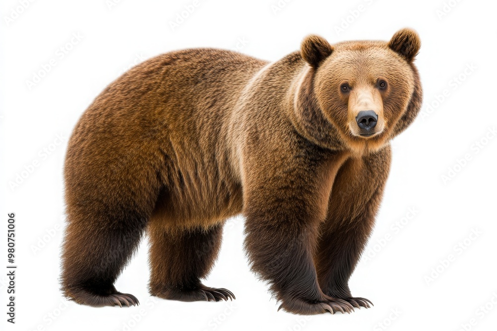 Fototapeta premium In a tranquil setting, a solitary bear stands confidently, showcasing its powerful build and striking fur. The creature exudes a sense of calmness and strength, embodying the wild spirit of nature.