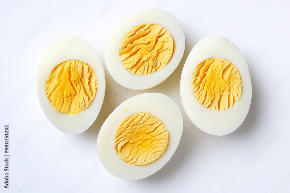 Four perfectly boiled eggs, peeled and sliced, with their vibrant yellow yolks displaying intricate textures. This culinary arrangement is an inviting showcase of simple yet delicious fare. Four perfectly boiled eggs, peeled and sliced, with their vibrant yellow yolks displaying intricate textures. This culinary arrangement is an inviting showcase of simple yet delicious fare.