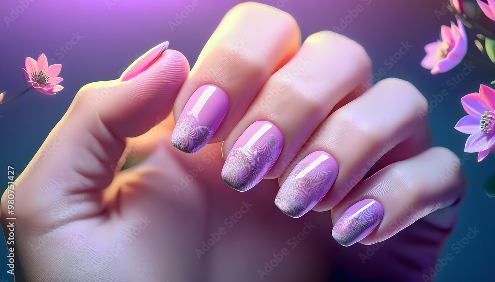 Photograph of well-manicured hands with intricate floral nail art. Suitable for chic nail painting. Photograph of well-manicured hands with intricate floral nail art. Suitable for chic nail painting.