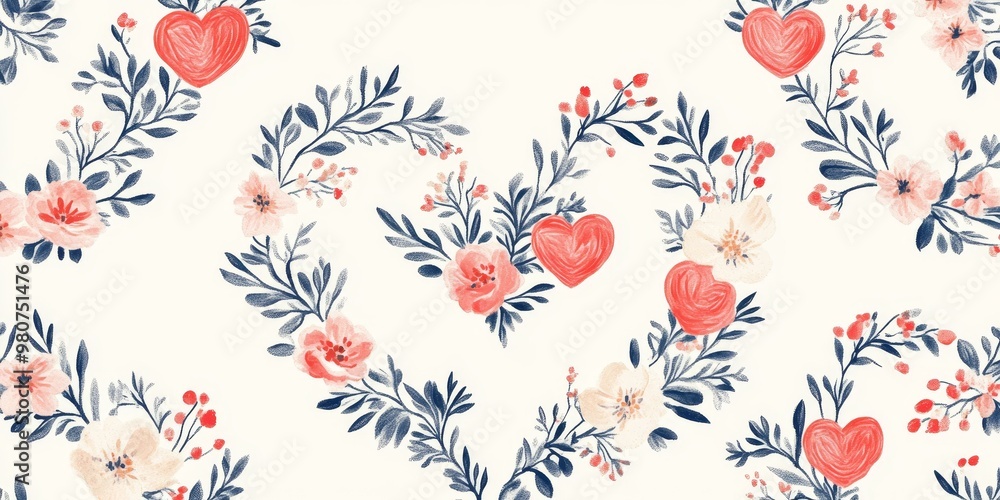 Obraz premium Floral pattern with red hearts on white background.