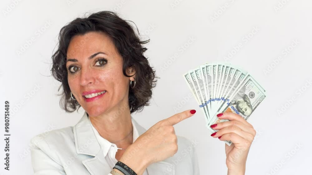 Cute and cheerful lady is showing 100 dollar bills and smile in front of white background. Cute and cheerful lady is showing 100 dollar bills and smile in front of white background.