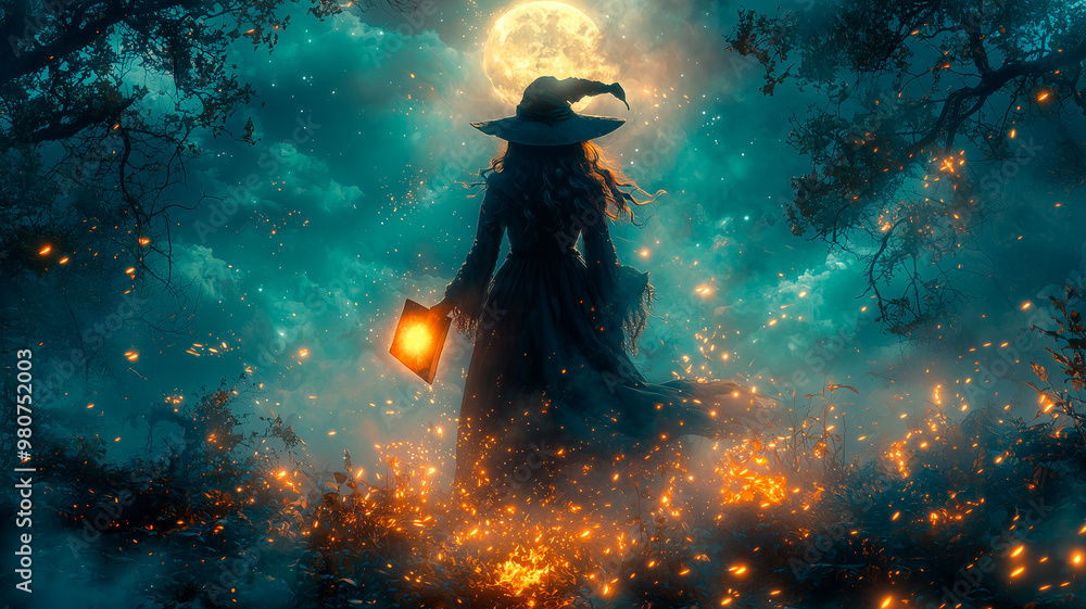 Silhouette of a Witch Under the Full Moon in a Mystical Forest Silhouette of a Witch Under the Full Moon in a Mystical Forest