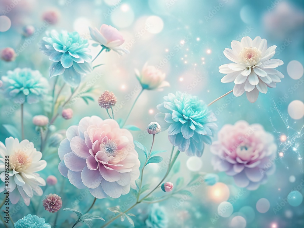 Soft focus, whimsical background featuring delicate, pastel-hued flowers in shades of pale pink, baby blue, and mint green, creating a dreamy, ethereal atmosphere. Soft focus, whimsical background featuring delicate, pastel-hued flowers in shades of pale pink, baby blue, and mint green, creating a dreamy, ethereal atmosphere.