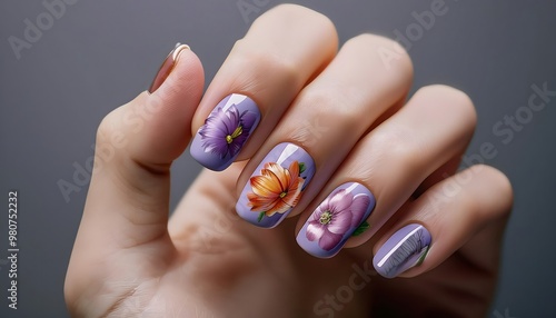 Photograph of well-manicured hands with intricate floral nail art. Suitable for chic nail painting.