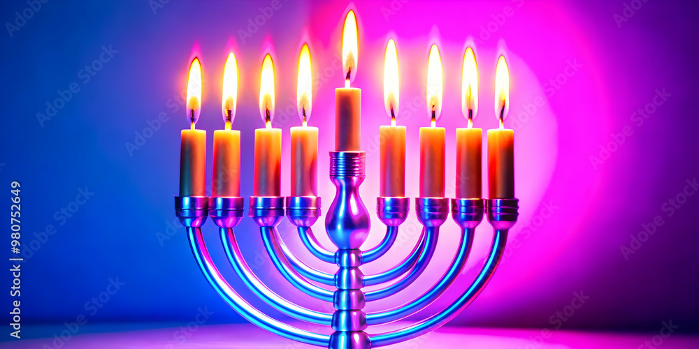 Close-Up Macro of Futuristic Hanukkah Candle with LED Wick Glowing in Neon Colors - Modern Twist on Traditional Holiday Symbol for Photo Stock Concept Close-Up Macro of Futuristic Hanukkah Candle with LED Wick Glowing in Neon Colors - Modern Twist on Traditional Holiday Symbol for Photo Stock Concept