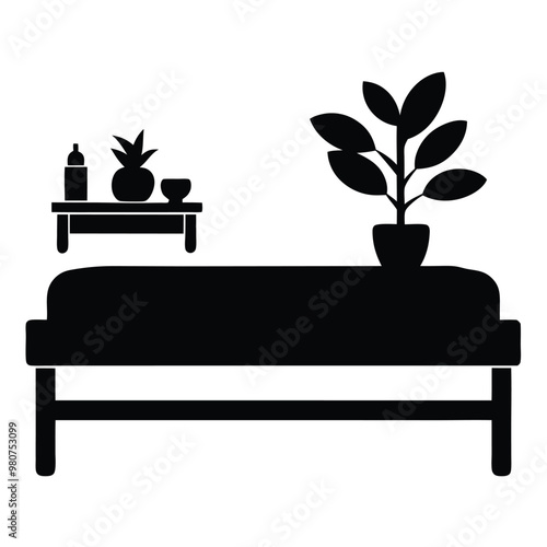 a double bed with table and-houseplants illustion on a white background photo