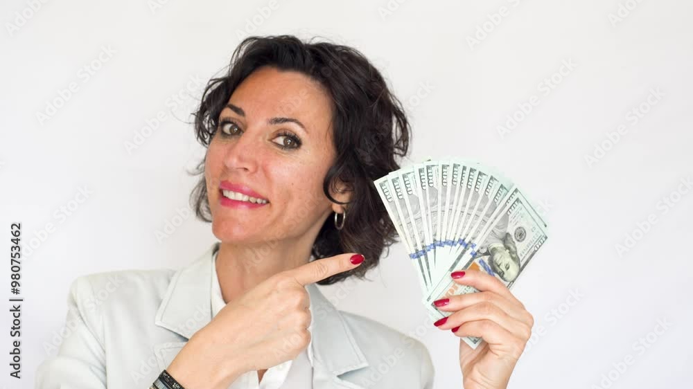 Cute and cheerful lady is showing 100 dollar bills and smile in front of white background. Cute and cheerful lady is showing 100 dollar bills and smile in front of white background.