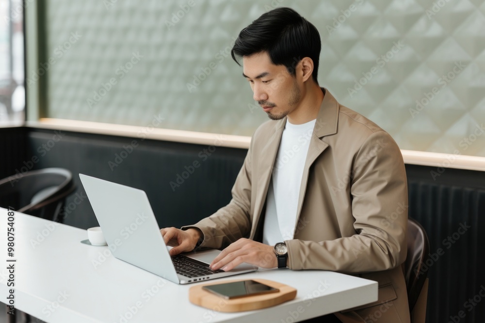Asian man uses laptop computer adult concentration. Asian man uses laptop computer adult concentration.