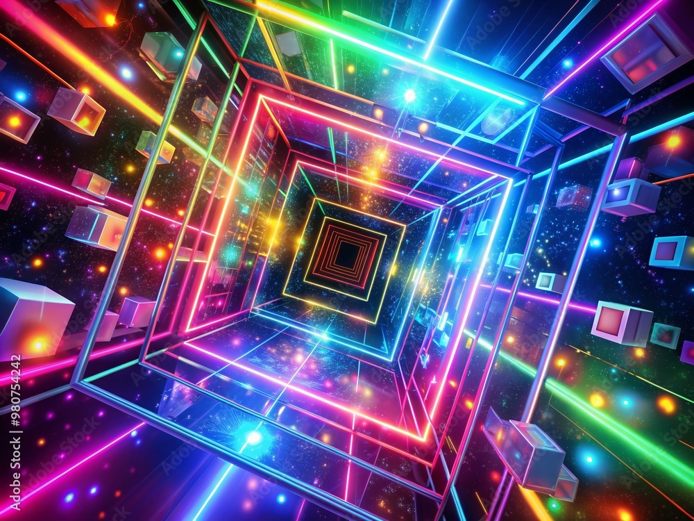 Vibrant neon squares suspended in space, surrounded by a kaleidoscope of colorful lights, creating an otherworldly atmosphere with mesmerizing 3D depth and futuristic appeal. Vibrant neon squares suspended in space, surrounded by a kaleidoscope of colorful lights, creating an otherworldly atmosphere with mesmerizing 3D depth and futuristic appeal.