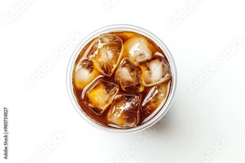 Takeaway plastic cup with iced cold coffee drink isolated on white background, Top view , ai