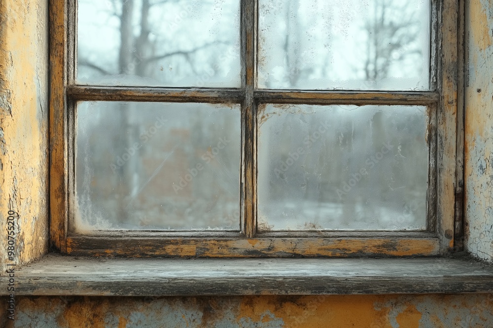 Fototapeta premium Aged window pane with mold growth, showcasing a dreary, cold winter scene