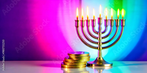 Vibrant Abstract Background with Neon Accents of Hanukkah Gelt and Menorah - Modern Celebration Concept for Holiday eCommerce Banners