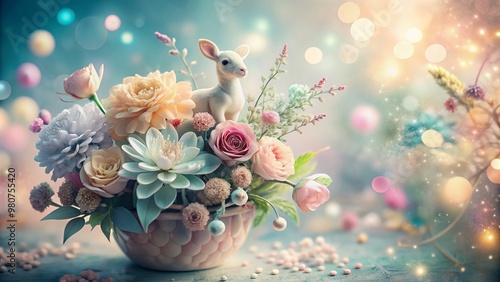 A delicate, soft-focus floral arrangement in pastel hues, shaped like an animal, sits atop a whimsical, dreamy background, exuding a sense of fantasy and imaginative wonder.