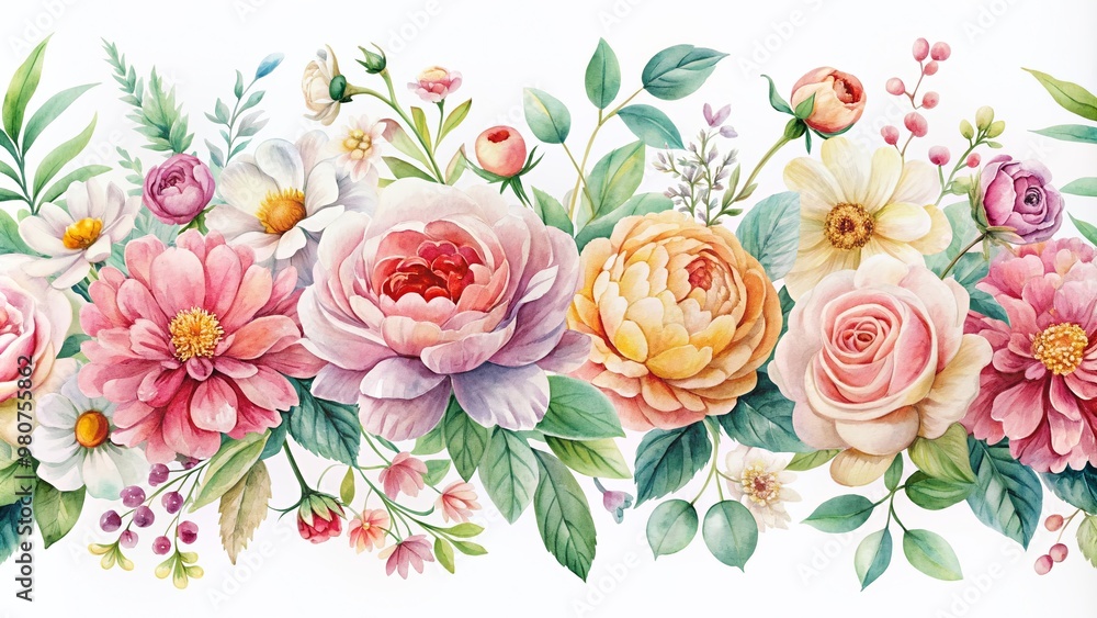 Naklejka premium Vibrant watercolor flowers in soft pastel hues adorn a horizontal banner, perfect for Mother's Day celebrations, featuring blooming peonies, roses, and daisies on a white background.