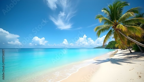 A tropical beach with a palm tree, clear blue sky