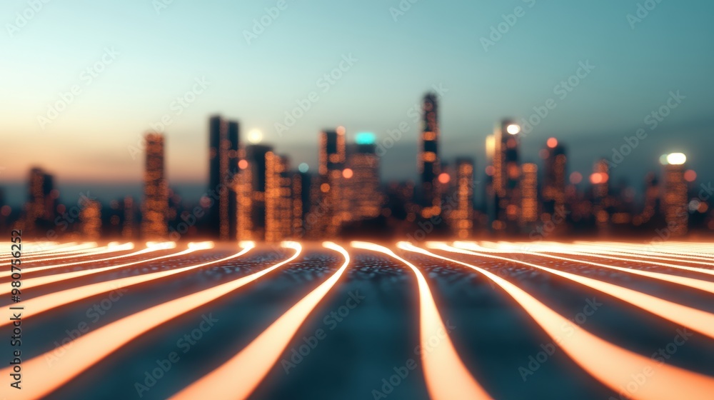 Fototapeta premium A digital cityscape with glowing lines representing complex algorithms running in the background.