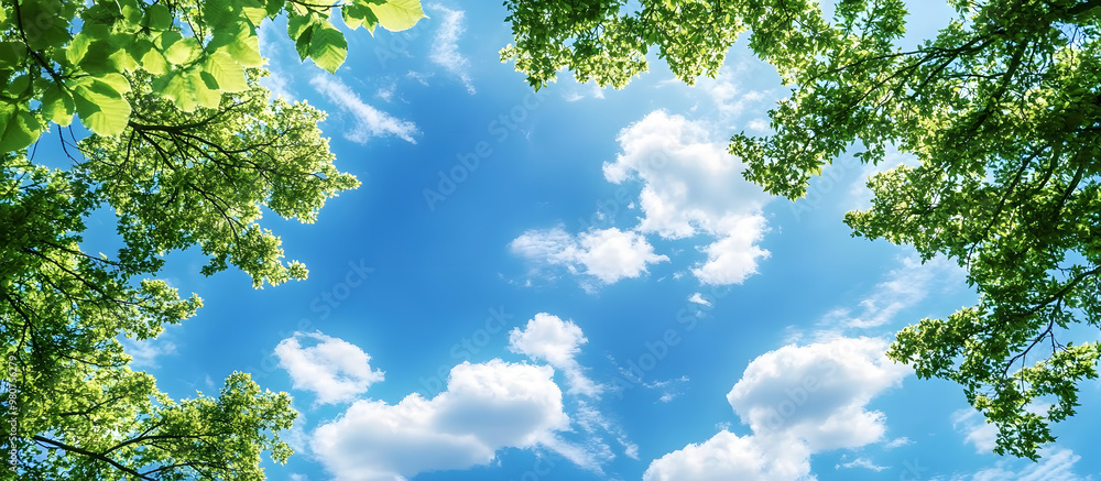 Blank blue sky with fluffy clouds and green tree branches in the foreground providing copy space image Blank blue sky with fluffy clouds and green tree branches in the foreground providing copy space image
