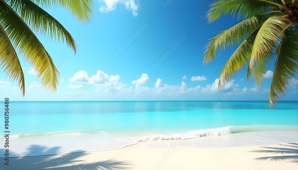 A tropical beach with a palm tree, clear blue sky A tropical beach with a palm tree, clear blue sky