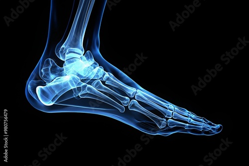 Digital X-Ray Image of Human Foot Bones Showing Skeletal Structure and Anatomy on Black Background photo