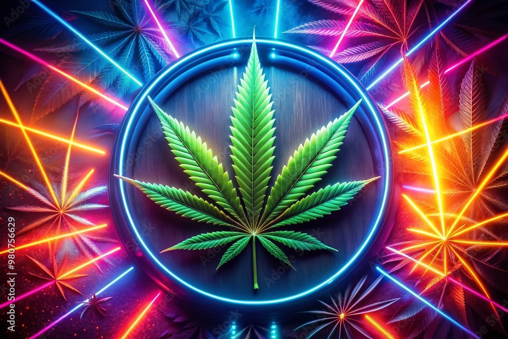 Vibrant neon lights surround a single marijuana leaf, casting an otherworldly glow on its intricate details, creating a mesmerizing and futuristic visual experience. Vibrant neon lights surround a single marijuana leaf, casting an otherworldly glow on its intricate details, creating a mesmerizing and futuristic visual experience.