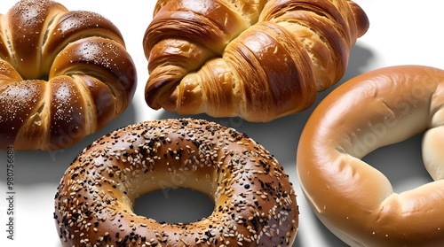 Four bread bun piles in one collection. PNG file including croissant, pretzel, everything bagel, and plain bagel with transparent background cutout. A template for mocking up artwork. photo