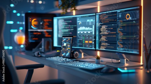 Wallpaper Mural Modern Desk with Monitors Displaying Code and Data Torontodigital.ca