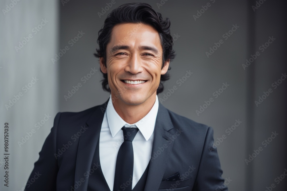 Portrait of a smiling man in his 40s dressed in a stylish blazer isolated on soft gray background