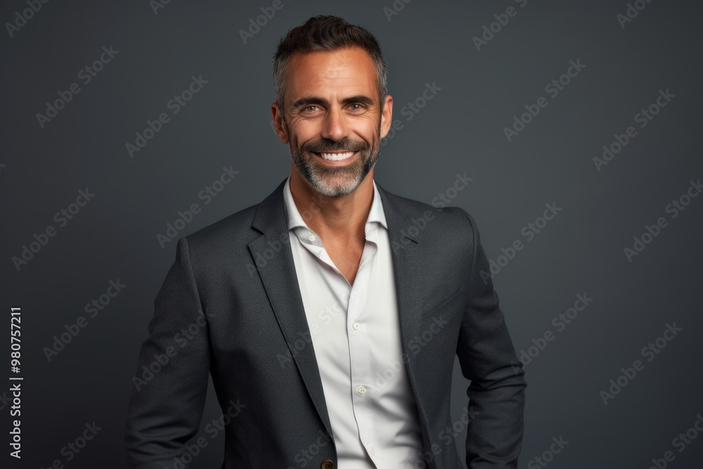 Portrait of a smiling man in his 40s dressed in a stylish blazer while standing against soft gray background Portrait of a smiling man in his 40s dressed in a stylish blazer while standing against soft gray background