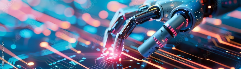 Futuristic Robotic Hand Interacting with Circuit Board Futuristic Robotic Hand Interacting with Circuit Board