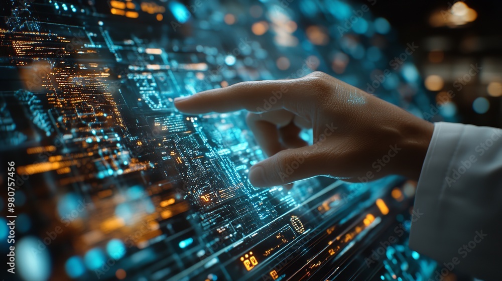 Big data technology and data science featuring a person interacting with data on a virtual screen Includes business analytics artificial intelligence and machine learning as an Big data technology and data science featuring a person interacting with data on a virtual screen Includes business analytics artificial intelligence and machine learning as an