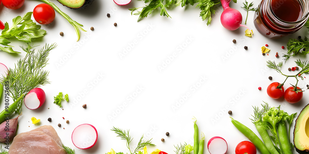 arrangement of food on a white background, with empty space in the center highlighting fresh vegetables arrangement of food on a white background, with empty space in the center highlighting fresh vegetables