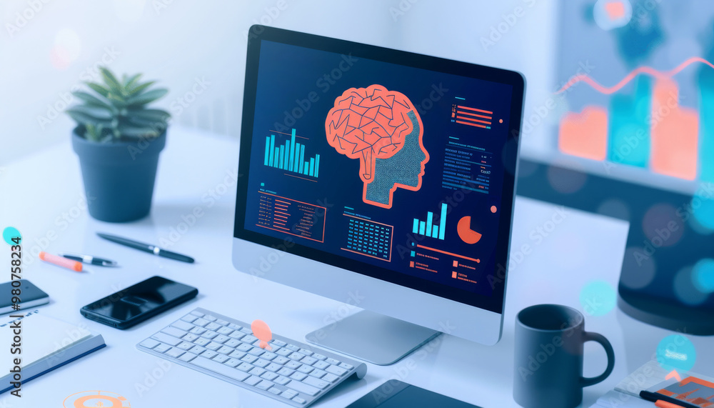 Fototapeta premium Modern Desk with Computer Showing Brain, Charts, and Data Analysis