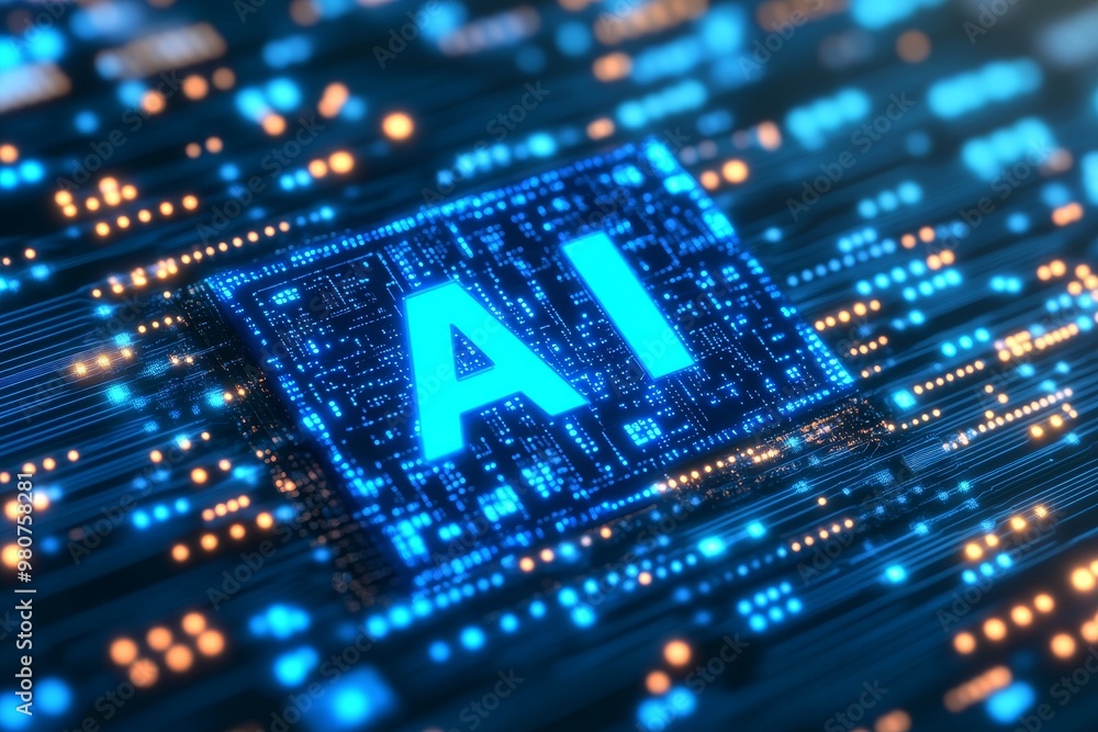 Blue AI microchip surrounded by intricate digital circuitry symbolizing advanced artificial intelligence processing and high speed data flow in modern computing systems Blue AI microchip surrounded by intricate digital circuitry symbolizing advanced artificial intelligence processing and high speed data flow in modern computing systems