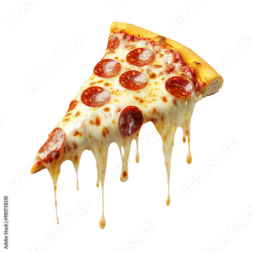 A delicious slice of pepperoni pizza with gooey, melted cheese dripping down. Perfect for food lovers and culinary projects.