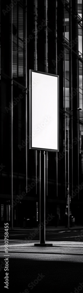 A white sign is standing in front of a building. The sign is empty and the background is dark A white sign is standing in front of a building. The sign is empty and the background is dark