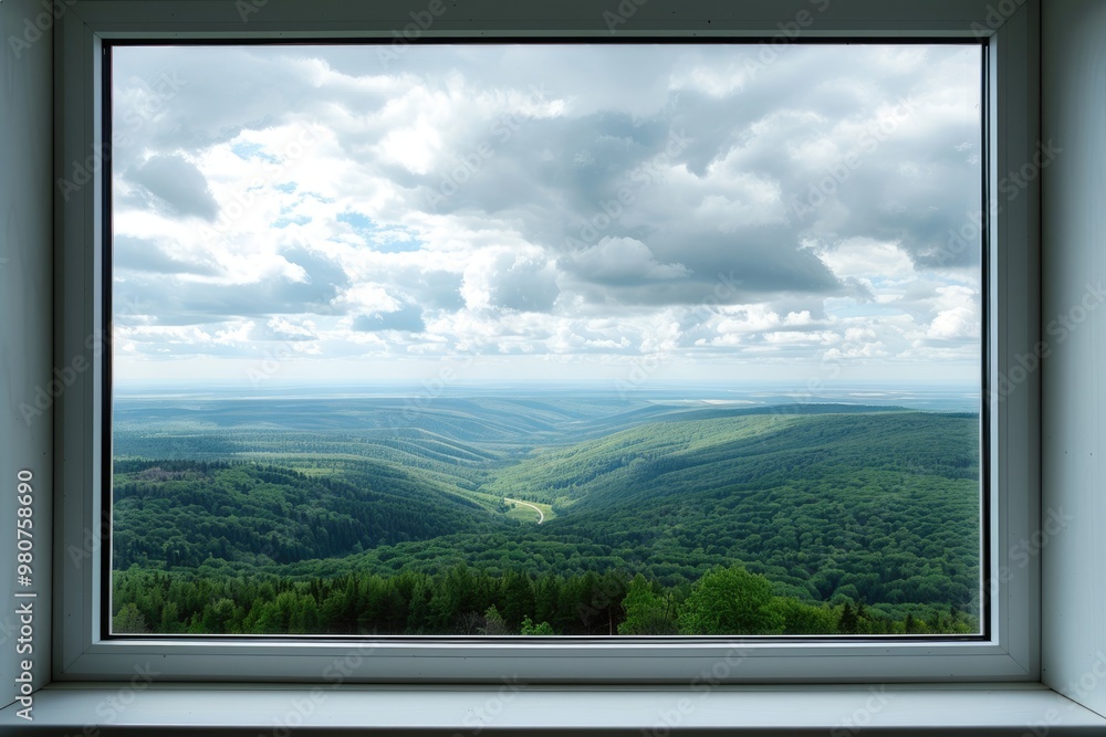 Fototapeta premium View through an open window onto beautiful landscape