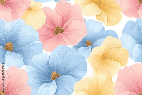 Wallpaper Mural A vibrant floral pattern featuring pink, blue, and yellow flowers on a white background. Torontodigital.ca