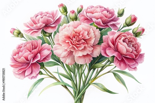 Delicate watercolor illustration of a beautiful pink carnation bouquet, perfect for adding a touch of elegance to Mother's Day cards, wedding decorations, and wedding invitations.