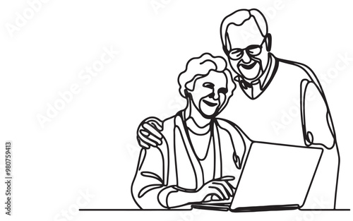 one continuous single line drawing of woman couple senior man happy internet love tablet together mature active elderly retirement computer technology online using Caucasian home adult family